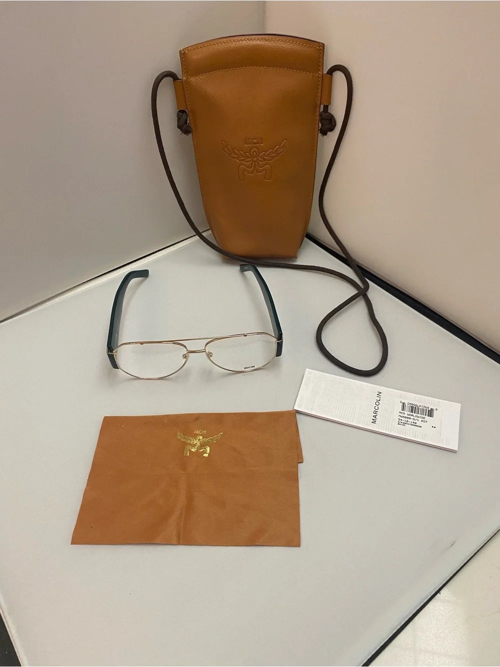MCM MW5001 Aviator Glasses with Tan Leather Crossbody Case & cloth,nwot